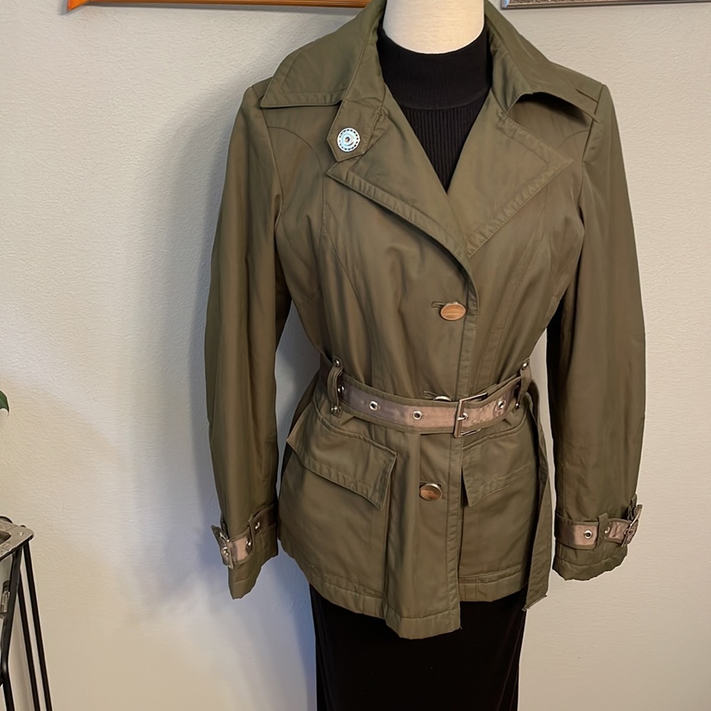 Military inspired short trench coat, Olive with silver hardware size PM